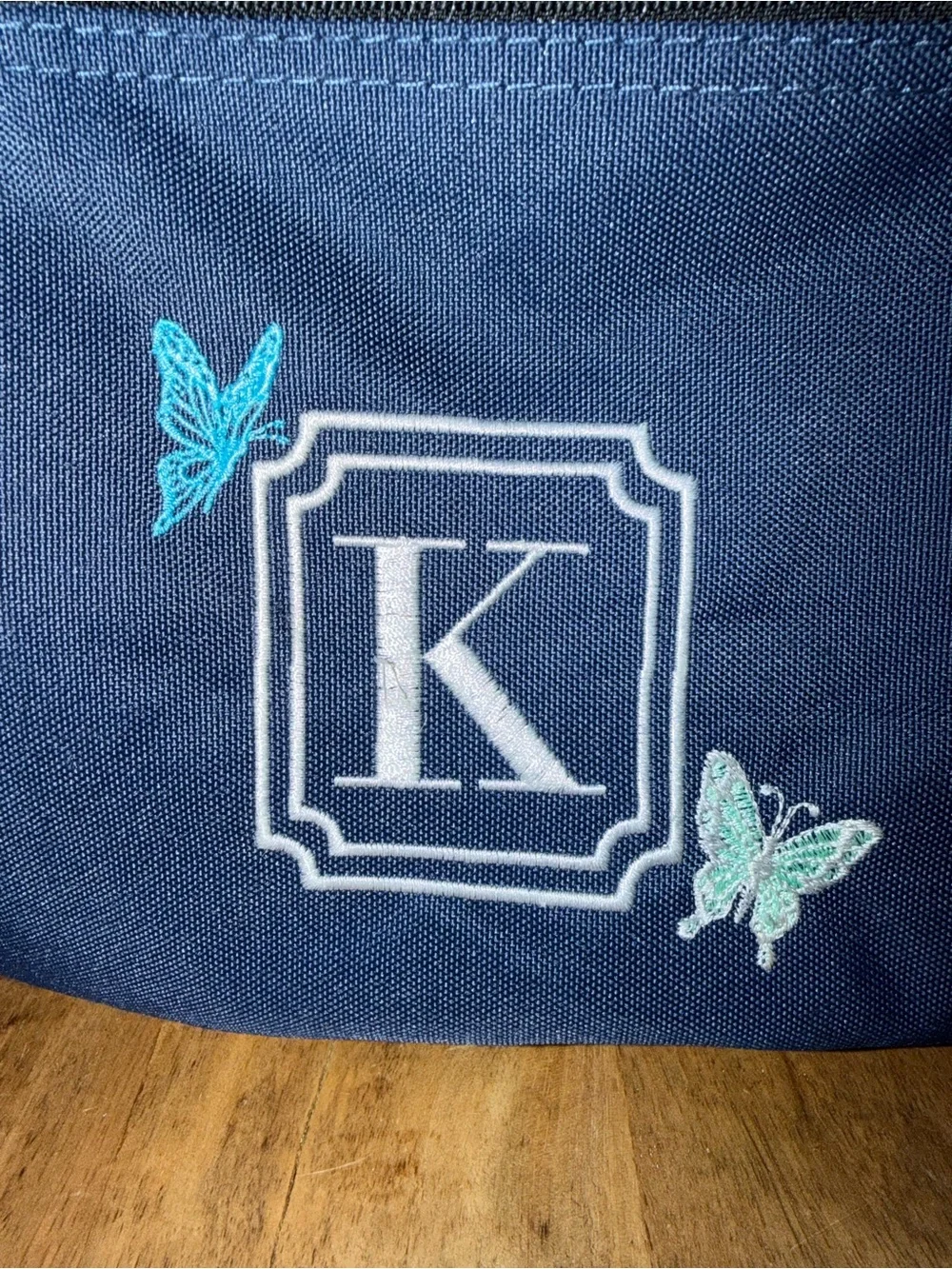 JanSport Navy Blue Backpack with Monogram K and Butterfly Embroidery